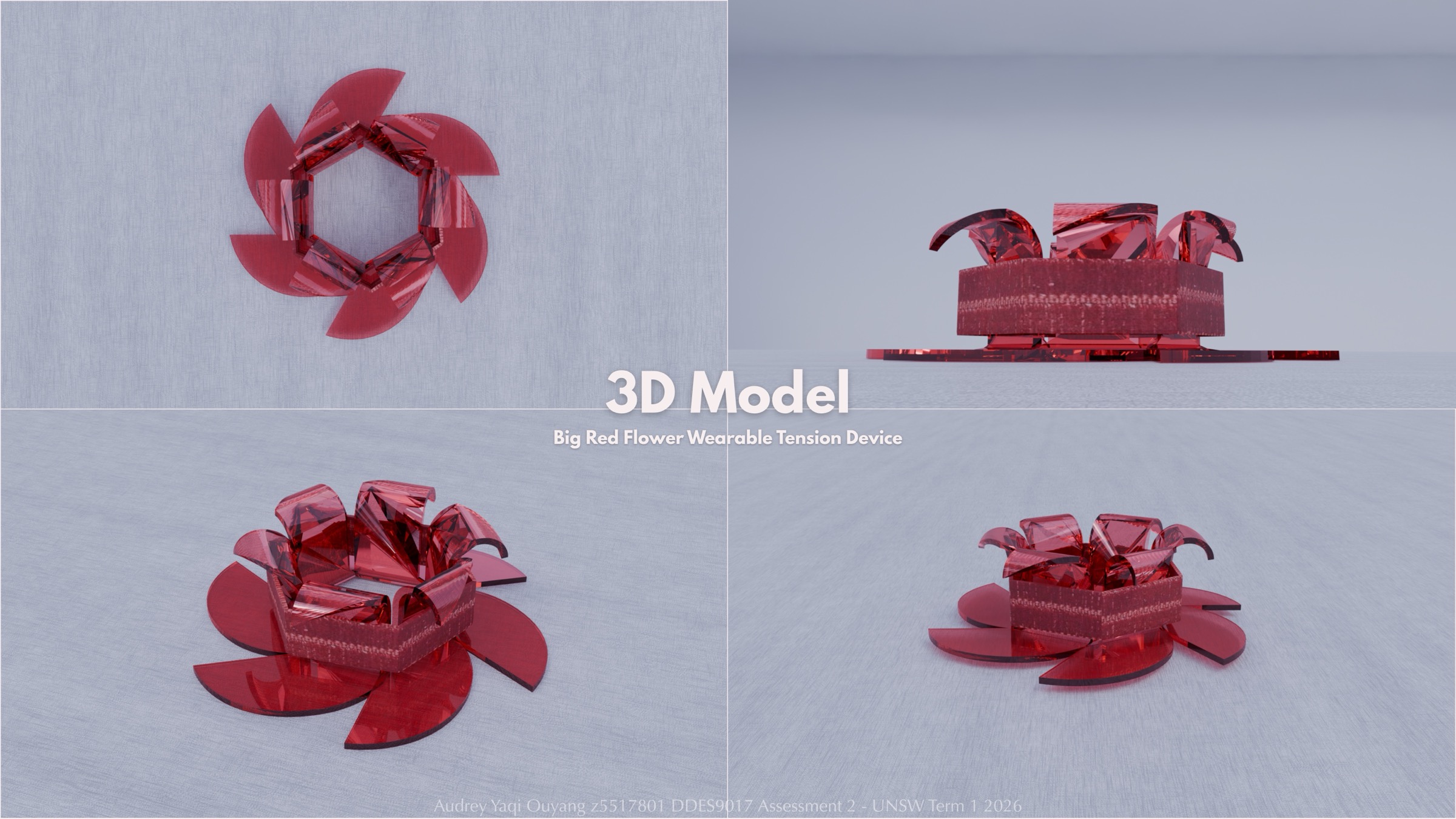 3D model views of the Big Red Flower wearable tension device