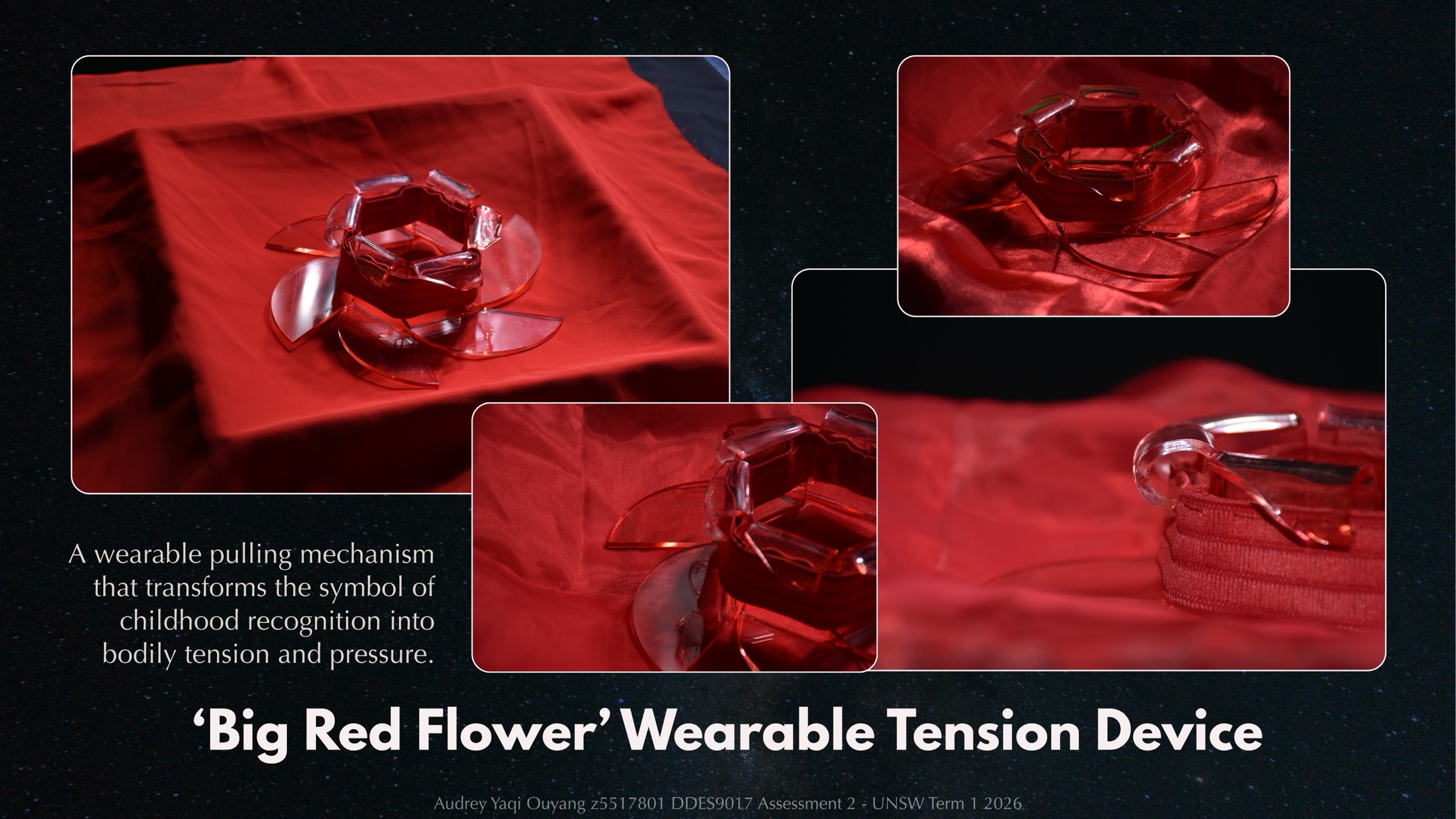 Photographic documentation of the Big Red Flower wearable tension device